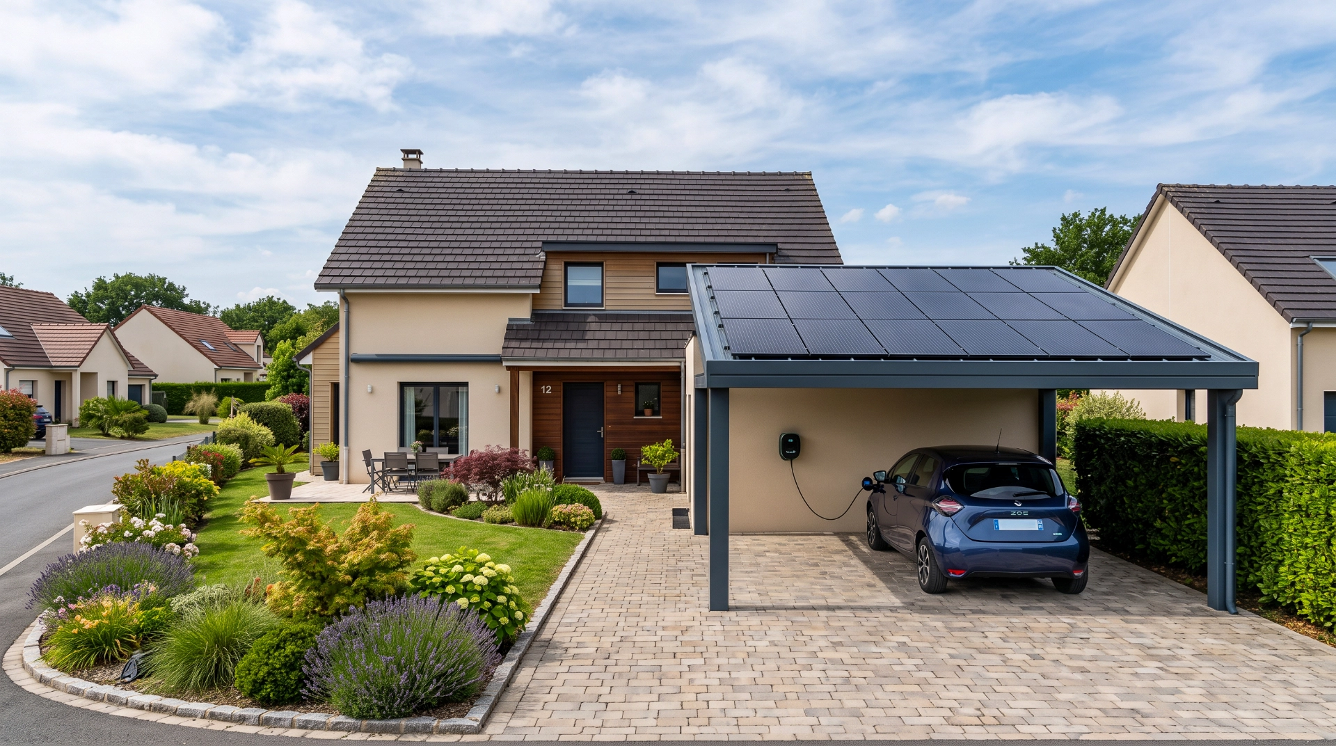 Carport photovoltaïque abritant une voiture